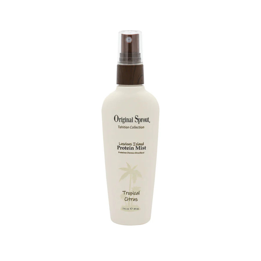 Original Sprout Luscious Island Protein Mist bottle with brown spray top, white bottle, tropical citrus scent.