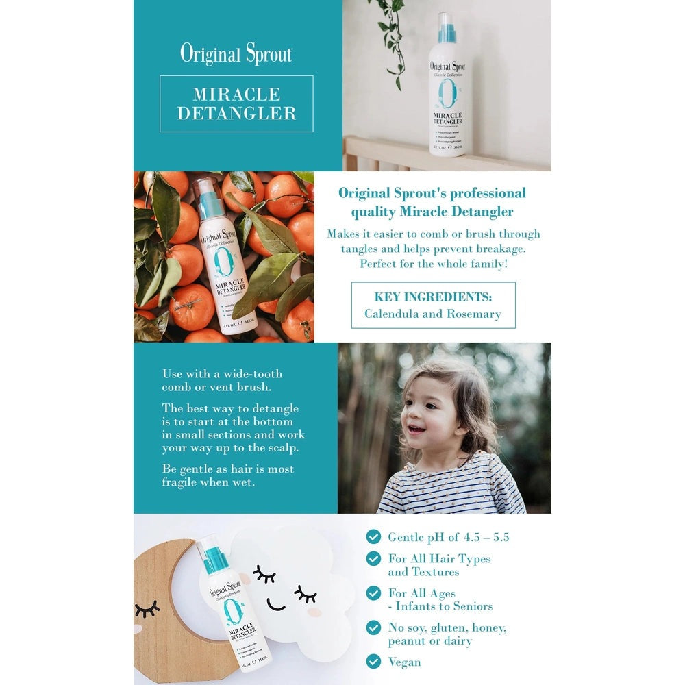 Original Sprout Miracle Detangler Spray 12 oz bottle with teal cap, displayed beside oranges and a smiling child.