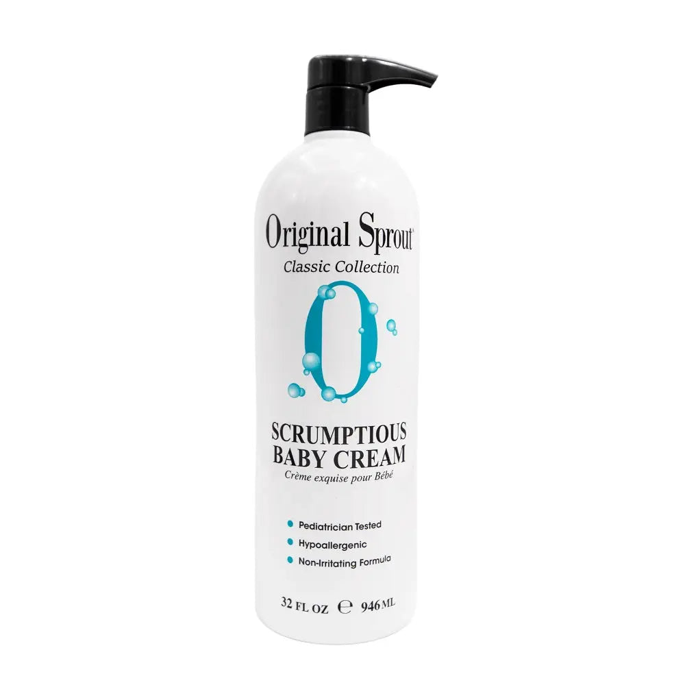 Original Sprout Scrumptious Baby Cream pump bottle, white with blue logo, 946 ml display