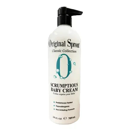 Original Sprout Scrumptious Baby Cream bottle standing upright with a black pump and white label.