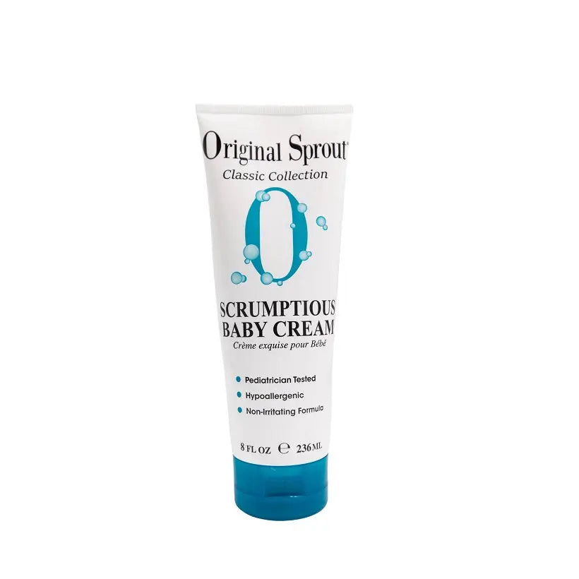 Original Sprout Scrumptious Baby Cream tube stands upright with blue cap and white packaging.