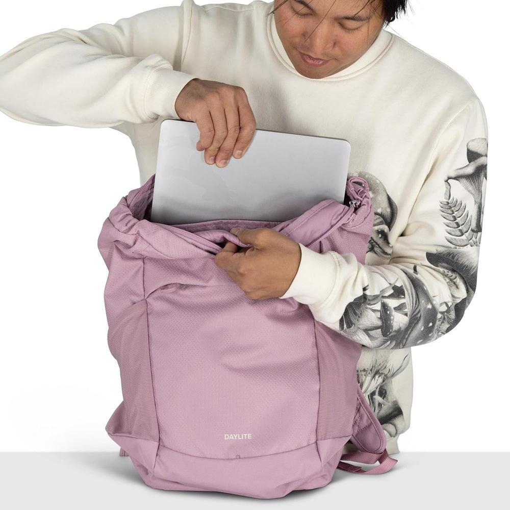 Osprey Daylite Tote Pack Convertible Backpack - Iris Pink open top laptop sleeve lifestyle view