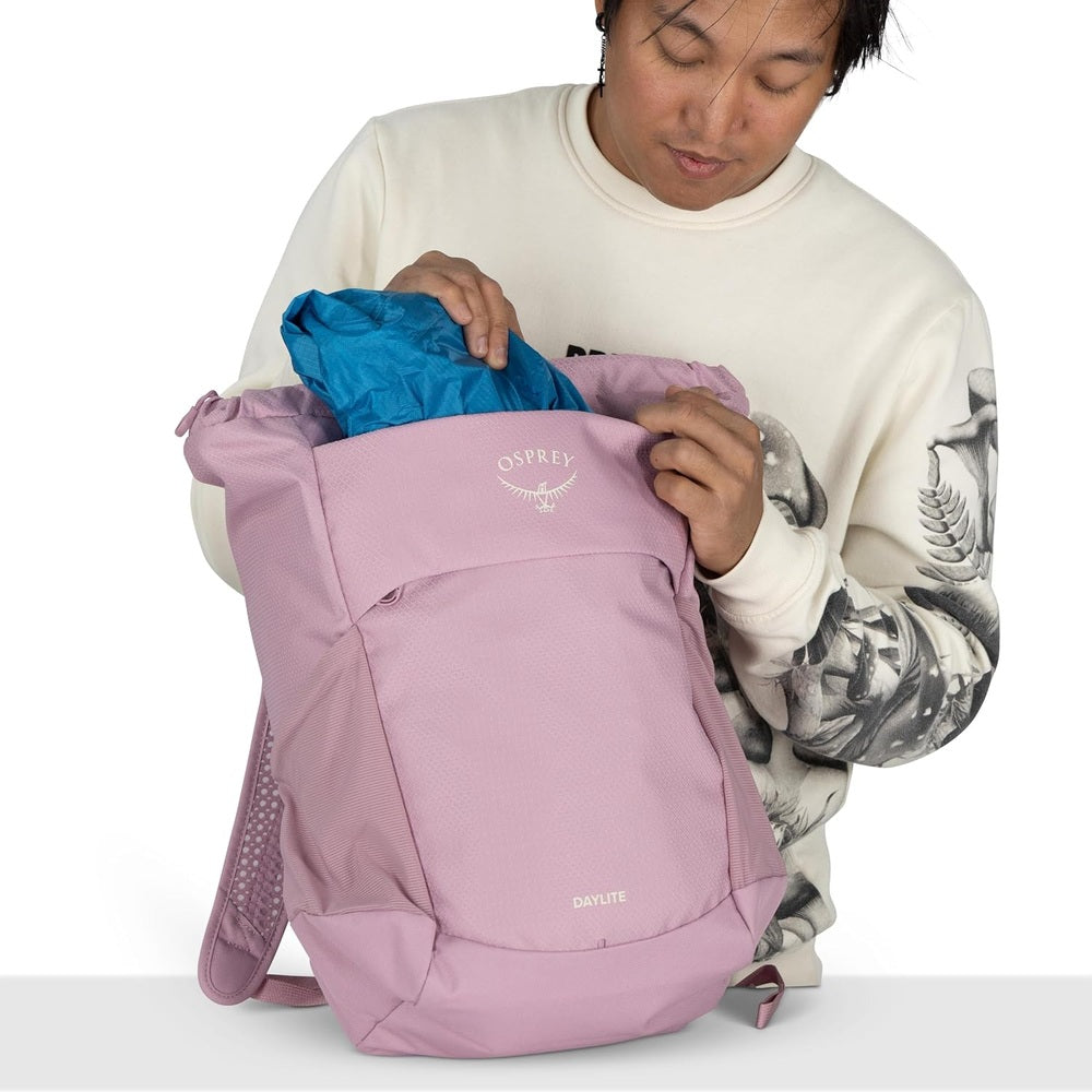 Osprey Daylite Tote Pack Convertible Backpack - Iris Pink main compartment access lifestyle view