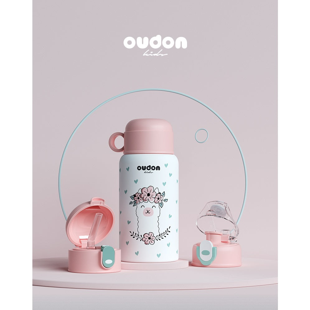Oudon Kids Thermal 3-Way Water Bottle, 550 ml, pink with llama floral print