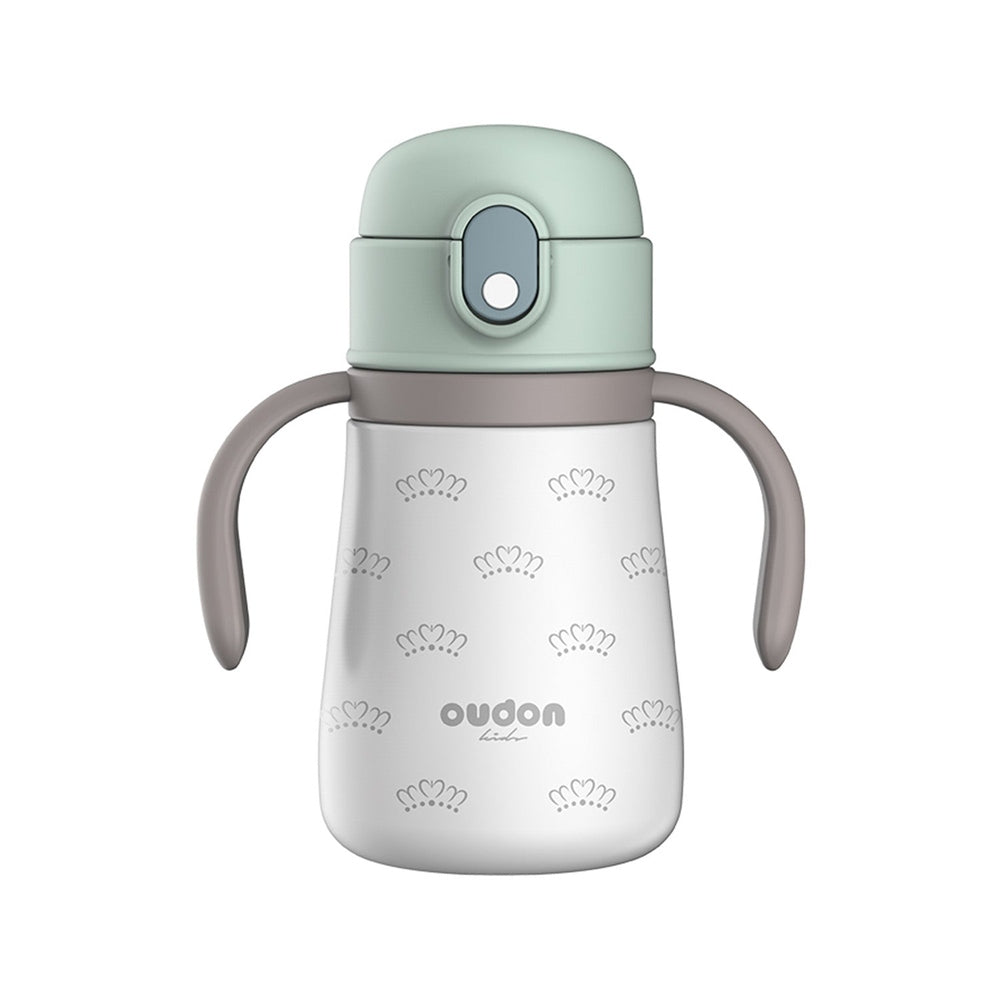 Oudon Kids Thermal Straw Cup Mint 380 ml held by beige handles, mint lid, white crown-printed body