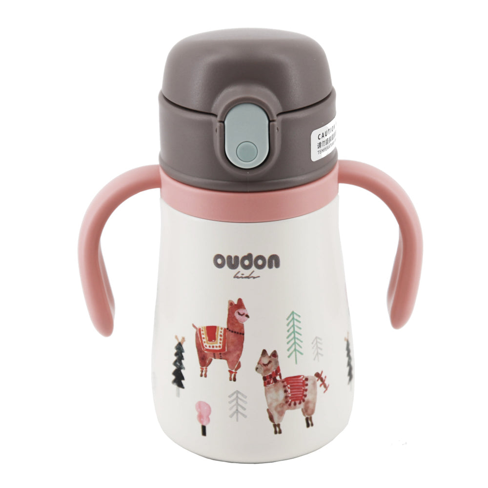 Oudon kids thermal straw sippy bottle pink with gray lid, white body with llama illustrations and pink dual handles