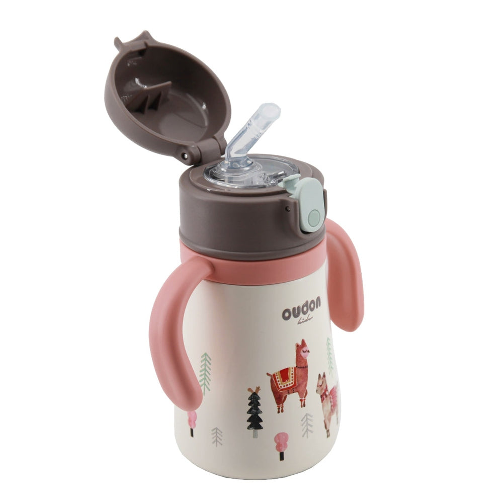 Oudon kids thermal straw sippy bottle pink with brown lid and pastel handles, llama print
