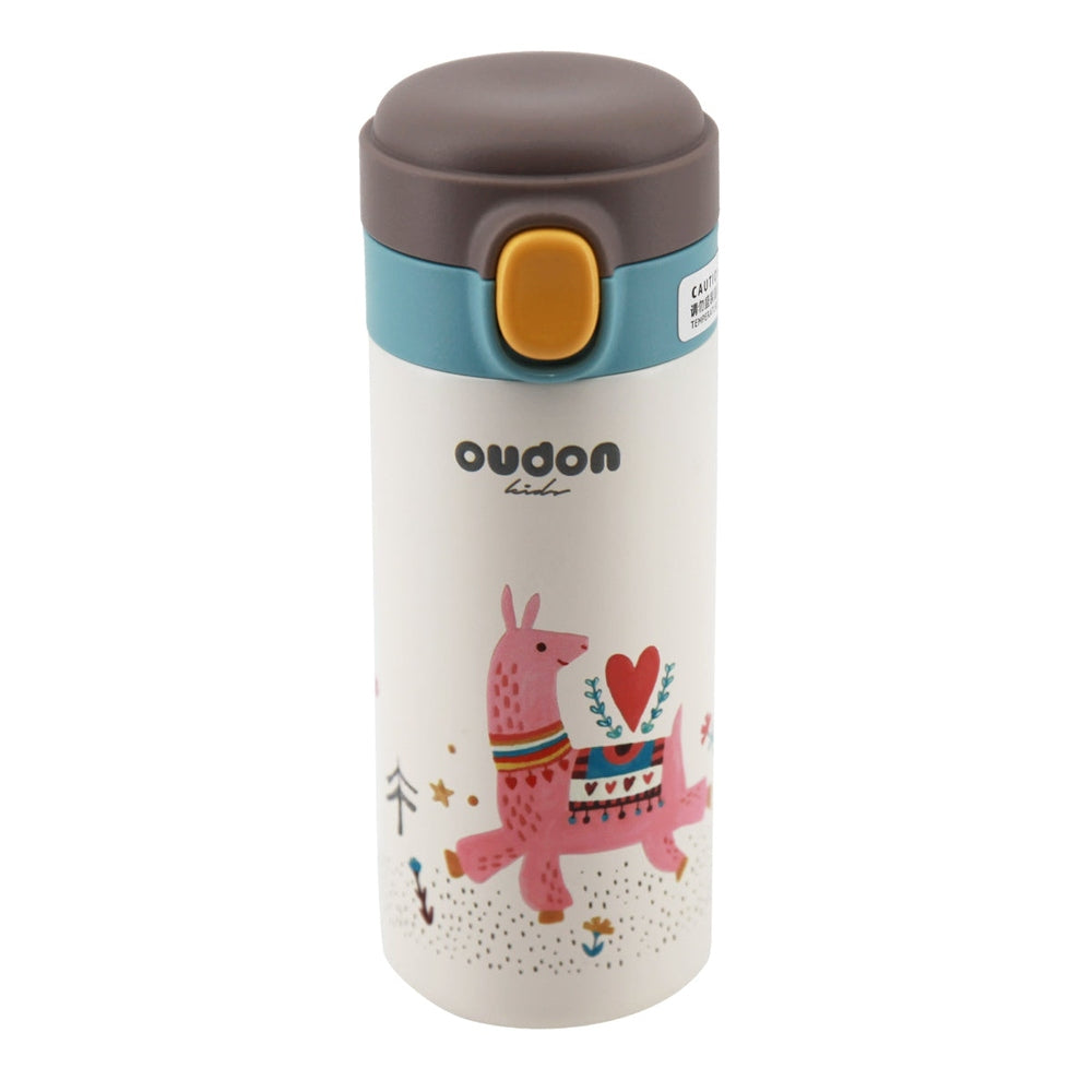 Oudon Kids thermal water bottle mint with pink llama illustration and teal lid