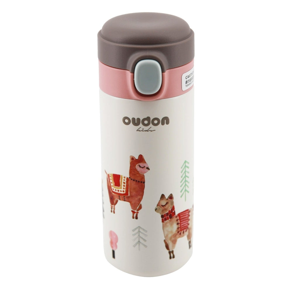 Oudon Kids thermal water bottle pink with illustrated llamas artwork