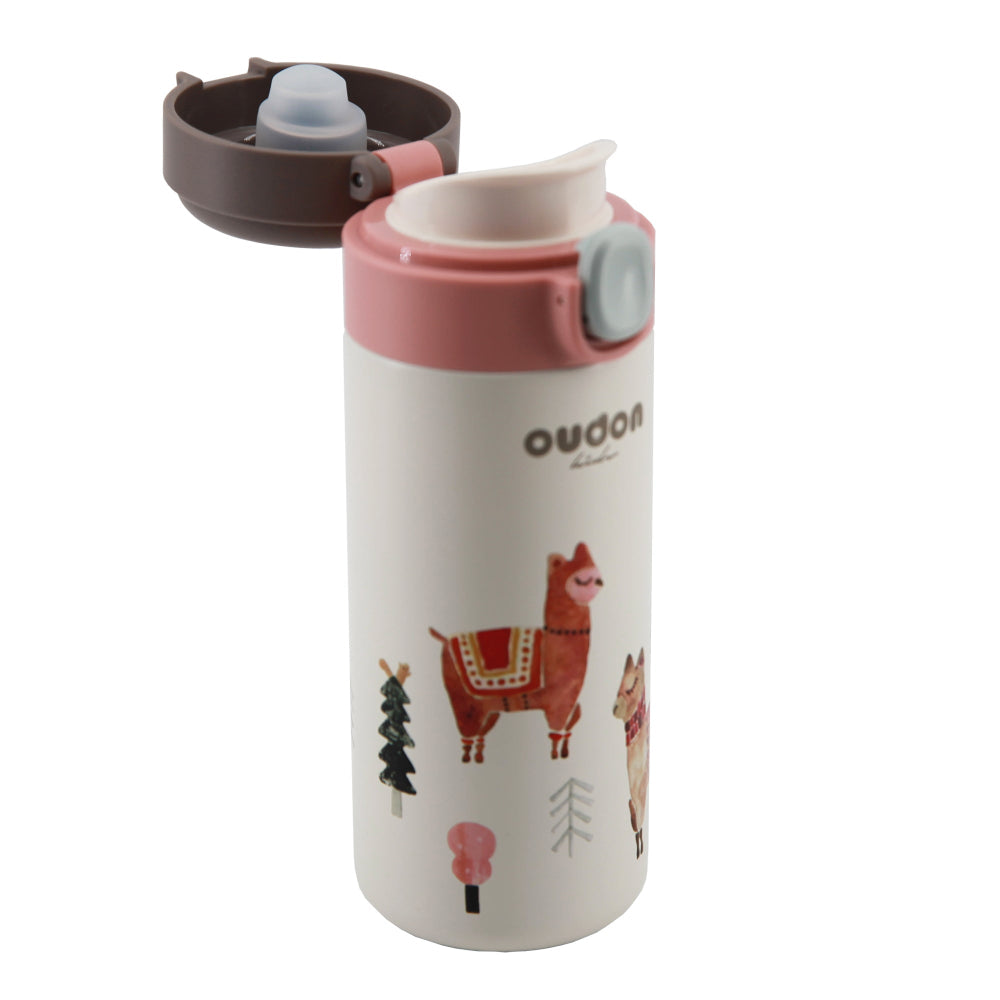 Oudon Kids thermal water bottle pink with camel print, white body, gray lid