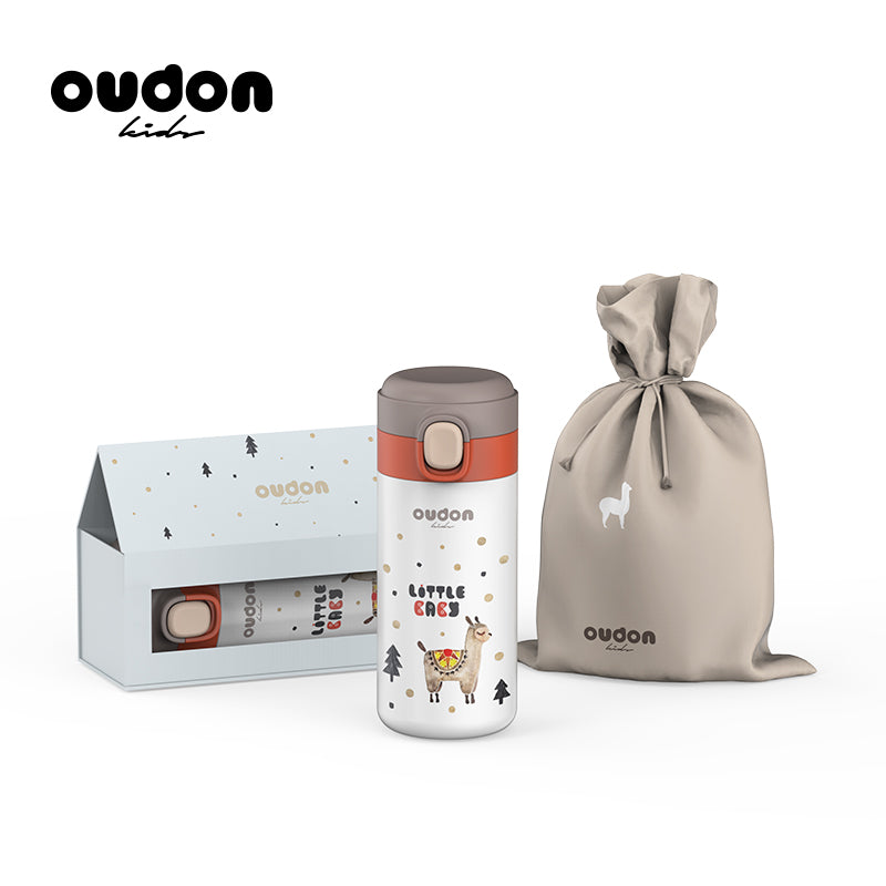 Oudon Kids thermal water bottle red with beige cap, includes gift box and beige drawstring bag