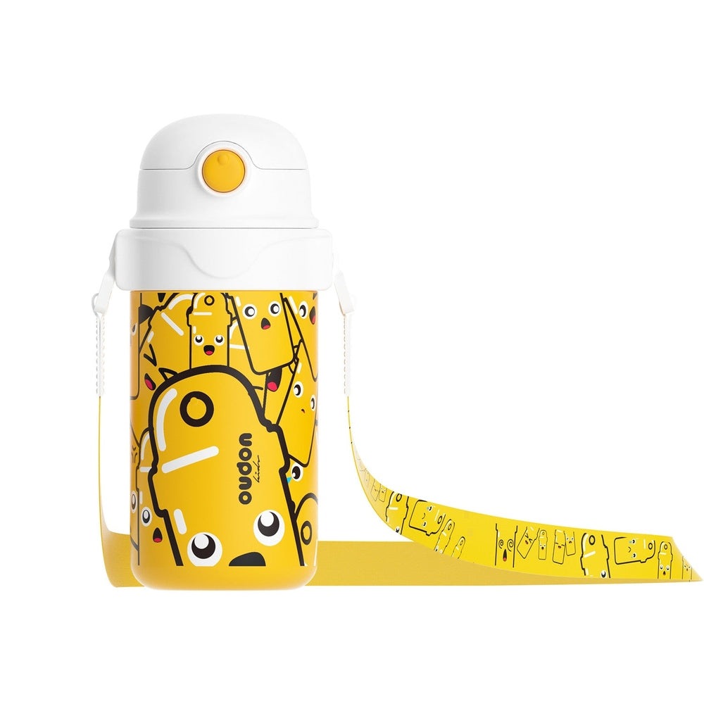 Oudon kids thermal water bottle yellow with cartoon faces, white lid and adjustable strap