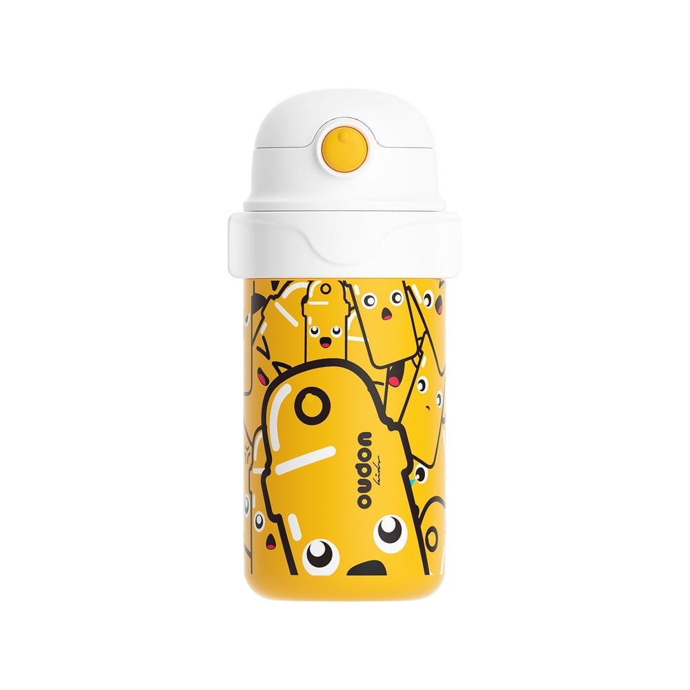 OUDON Kids Thermal Water Bottle Yellow Cup with white cap and cheerful cartoon design