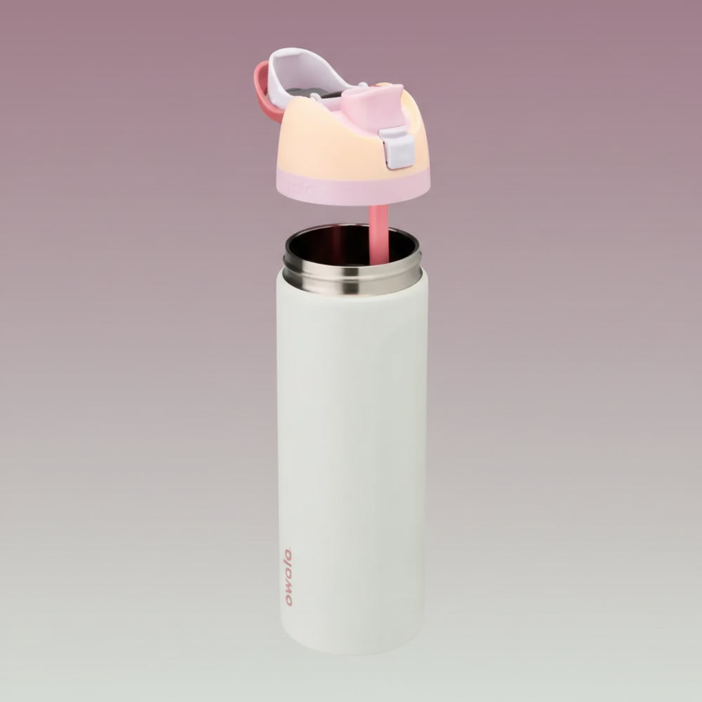 Owala FreeSip 24 oz Stainless Steel Water Bottle in Coastal Mist — removable lid and straw above the open stainless steel bottle