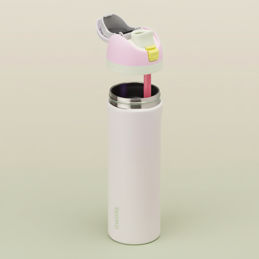Pink water bottle with a unique cap design on a white background