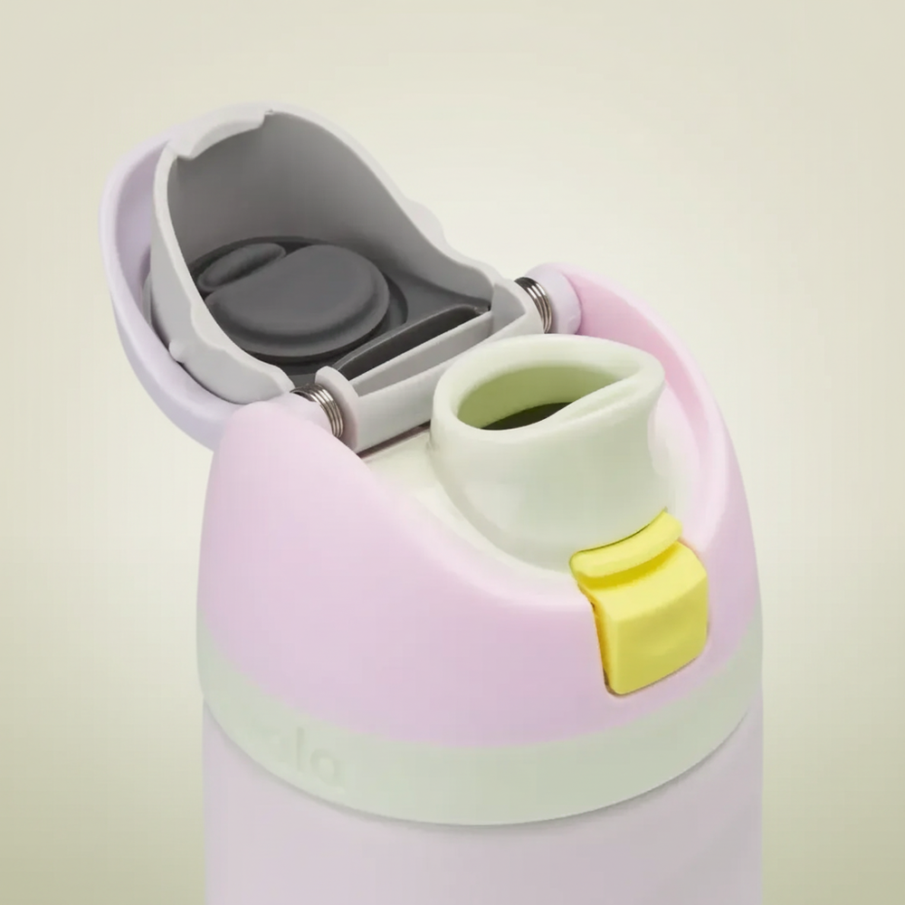 Colorful water bottle with a yellow cap on a white background