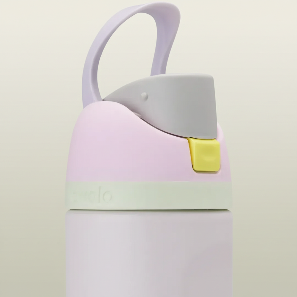 Children's water bottle with a pink and gray design on a white background