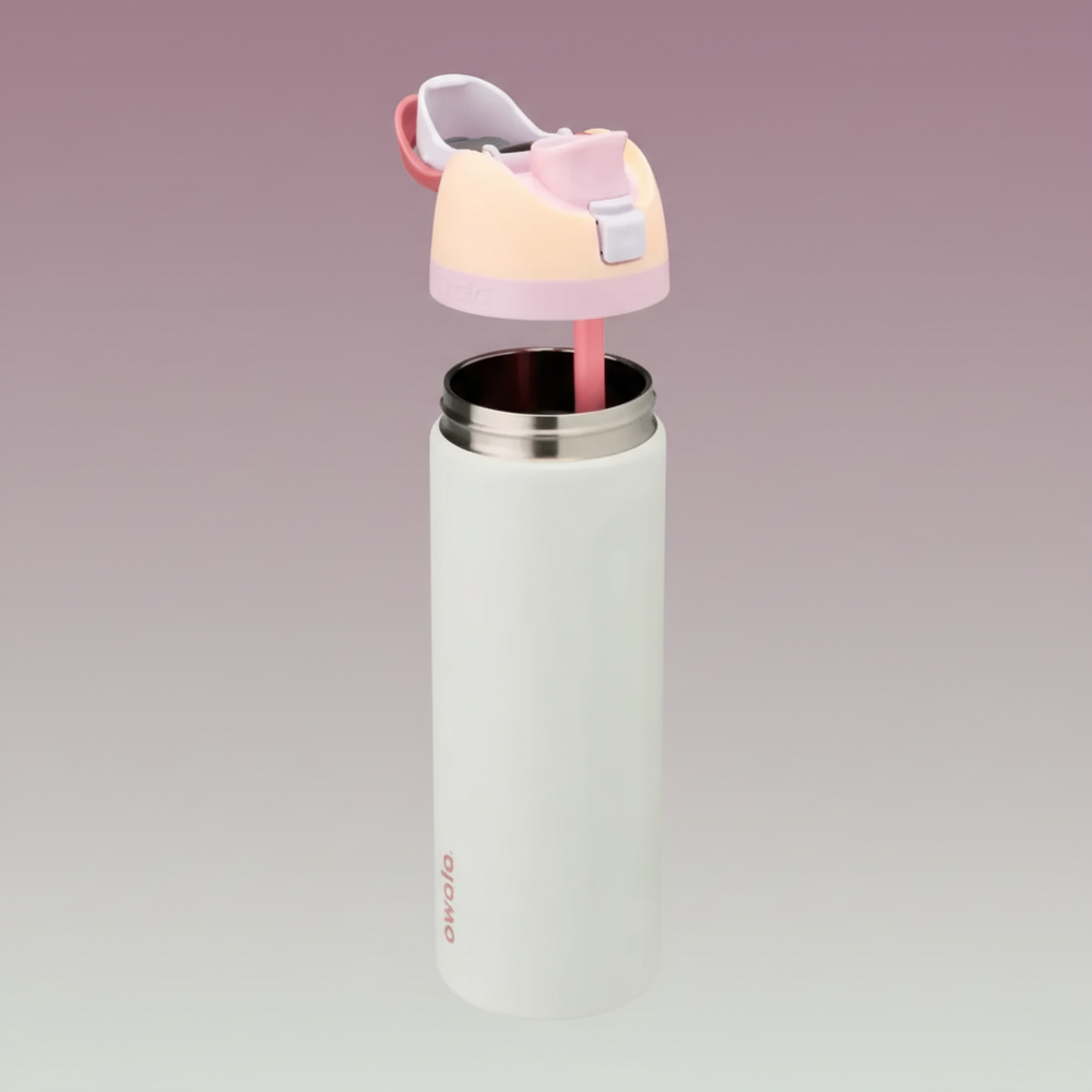 White water bottle with pink lid and straw on a white background