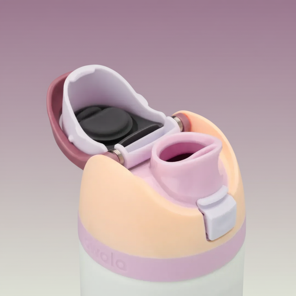 Close-up of a children's water bottle with a pink and peach design on a white background