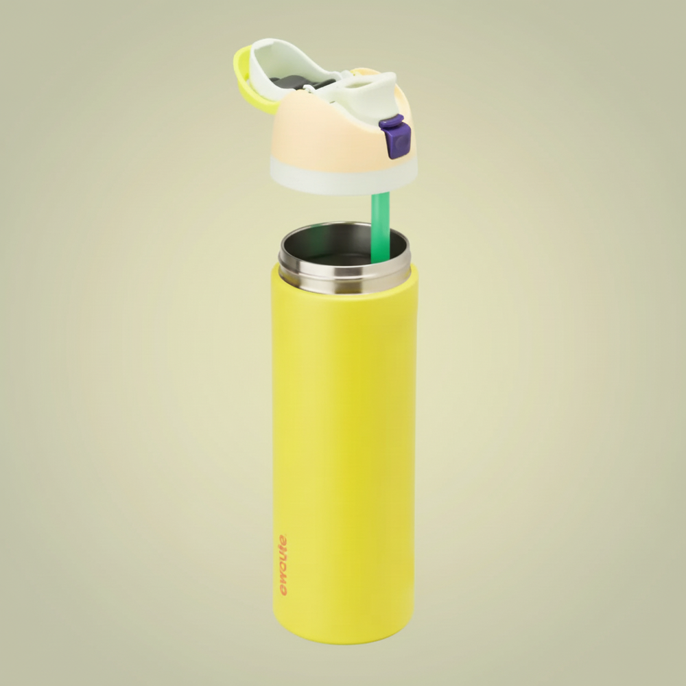 Yellow water bottle with a colorful lid on a white background