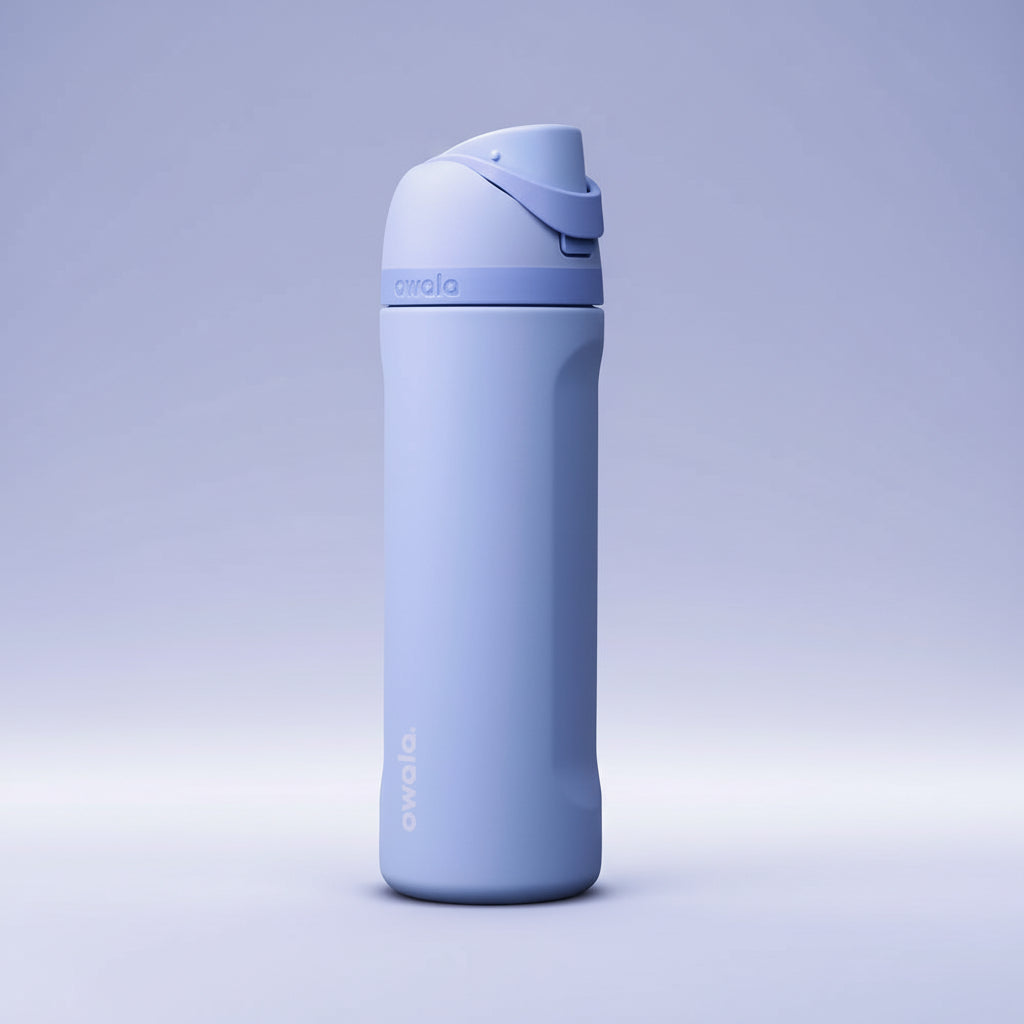 Blue water bottle with a white background