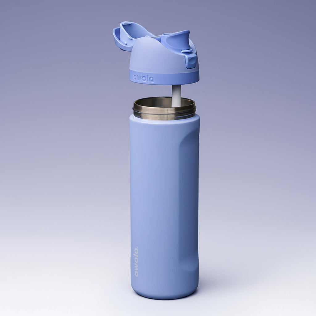 Blue water bottle with a screw-on cap on a white background