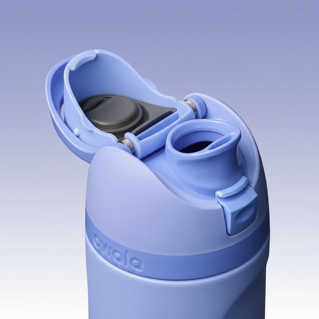 Close-up of a blue water bottle with a lid on a white background