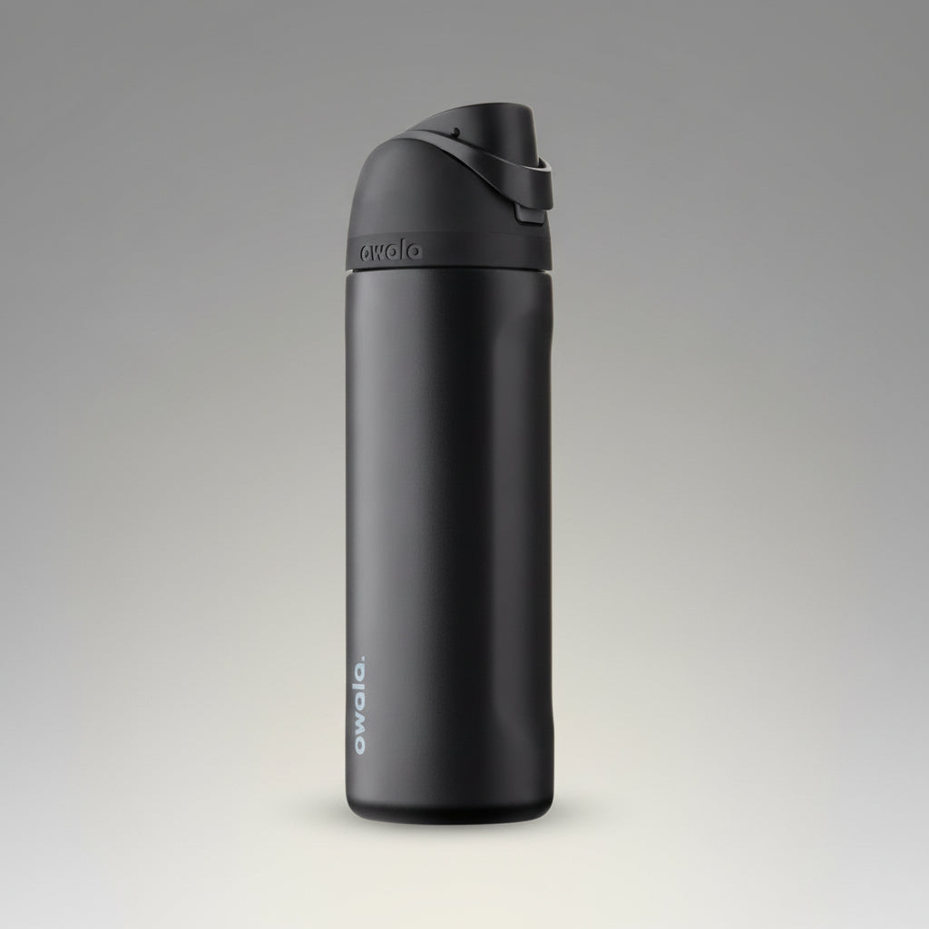 Black water bottle with a flip lid on a white background