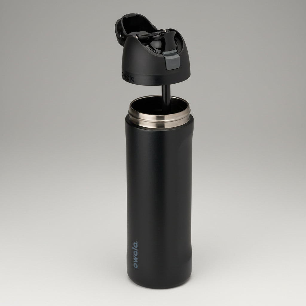 Black insulated bottle with a black lid on a white background