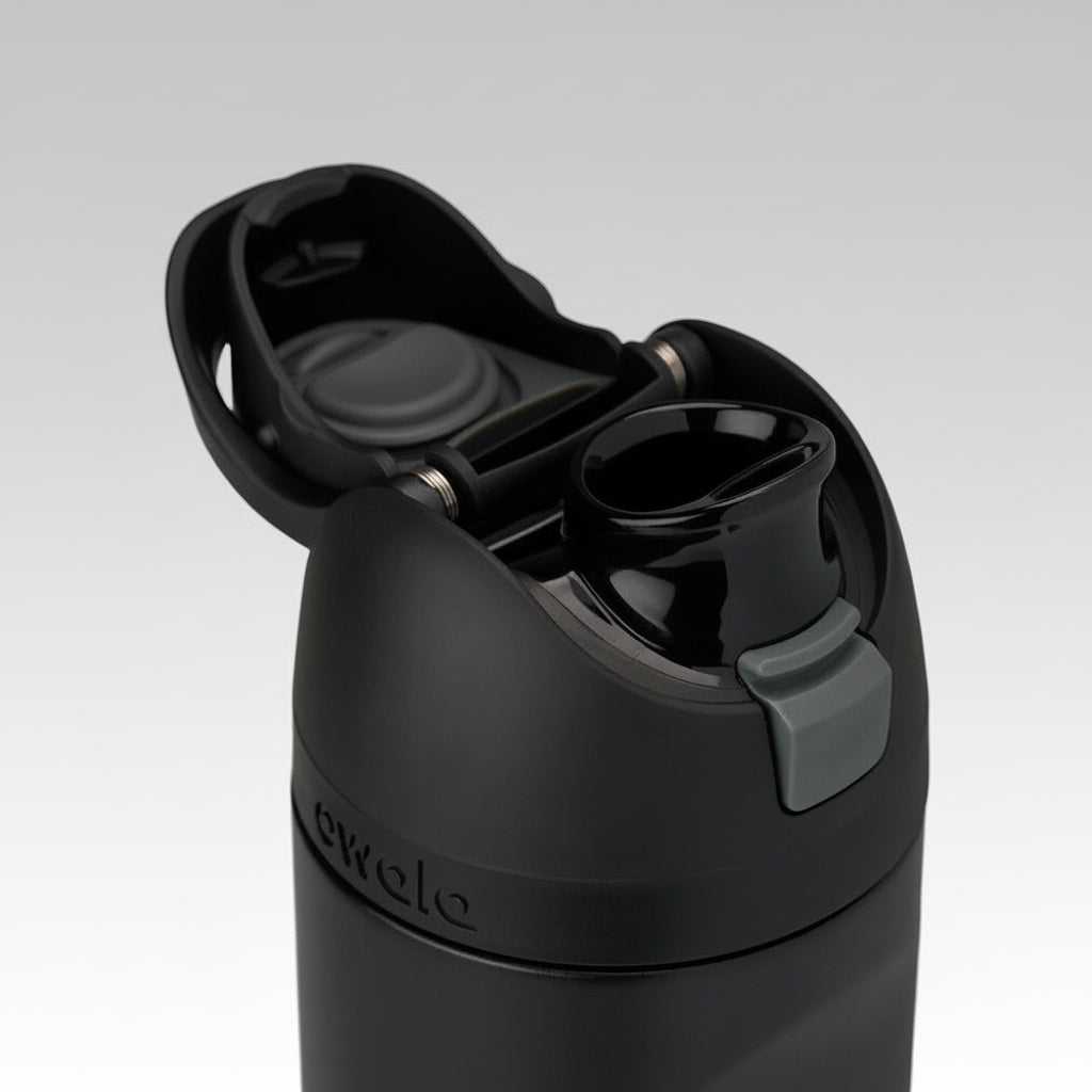 Black water bottle with a flip lid on a white background