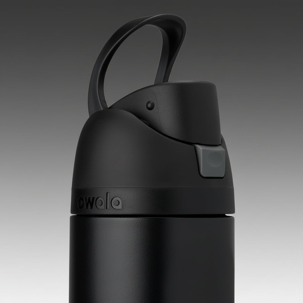 Black water bottle with a lid on a white background