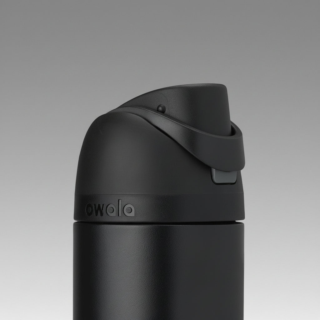 Black water bottle with 'owala' branding on a white background