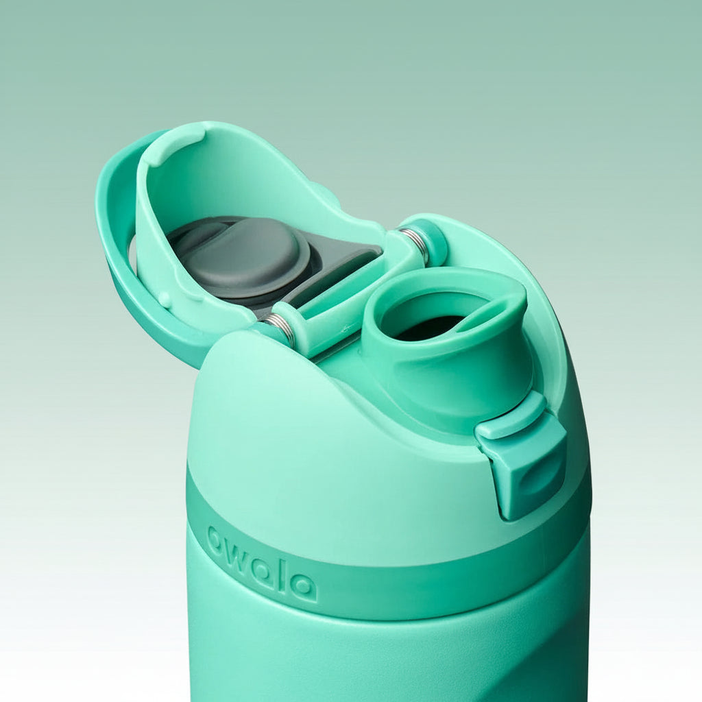 Teal water bottle with a gray lid on a white background