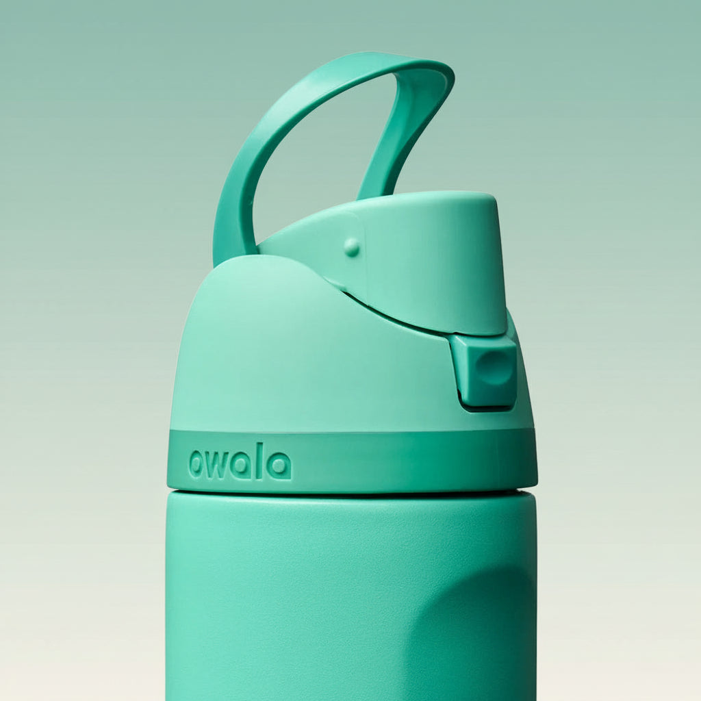 Teal water bottle with a handle on a white background