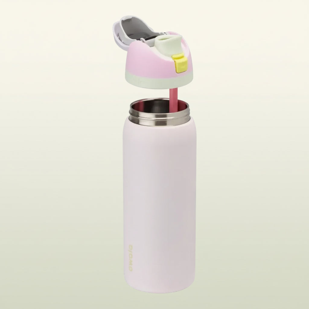 Owala FreeSip 32 oz Stainless Steel Water Bottle in Candy Coated — removable lid and straw above the open stainless steel bottle