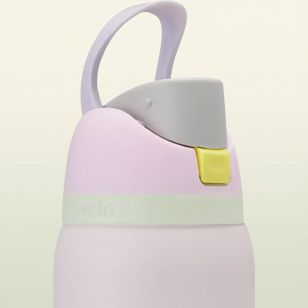 Colorful water bottle with a strap on a white background