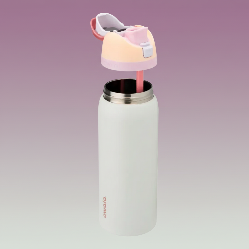 White water bottle with a pink and white lid on a white background
