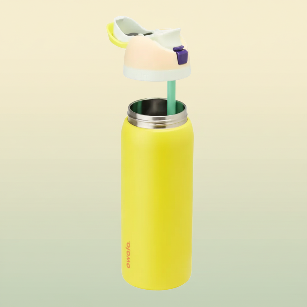 Yellow water bottle with a colorful lid on a white background