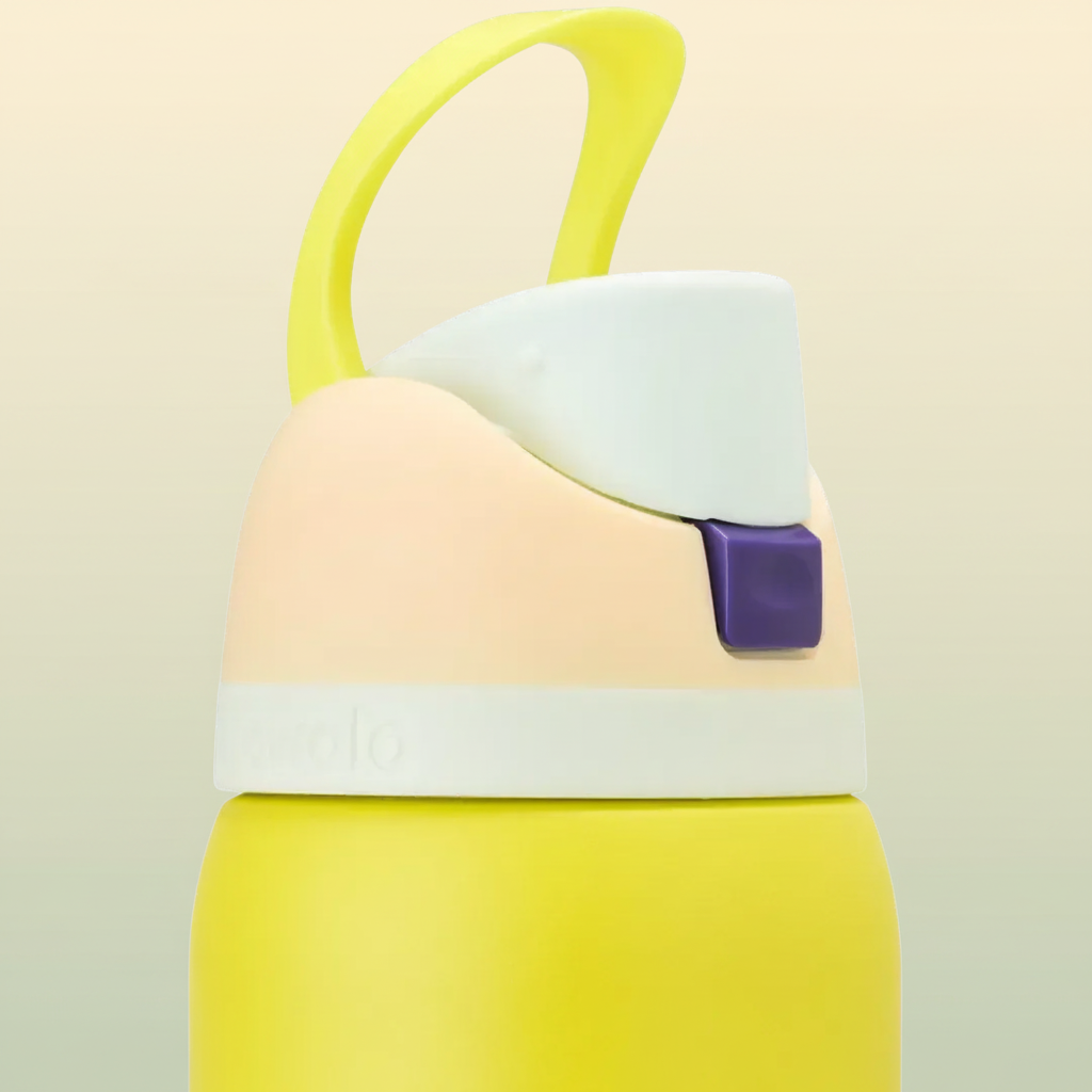 Colorful water bottle with a purple label on a white background