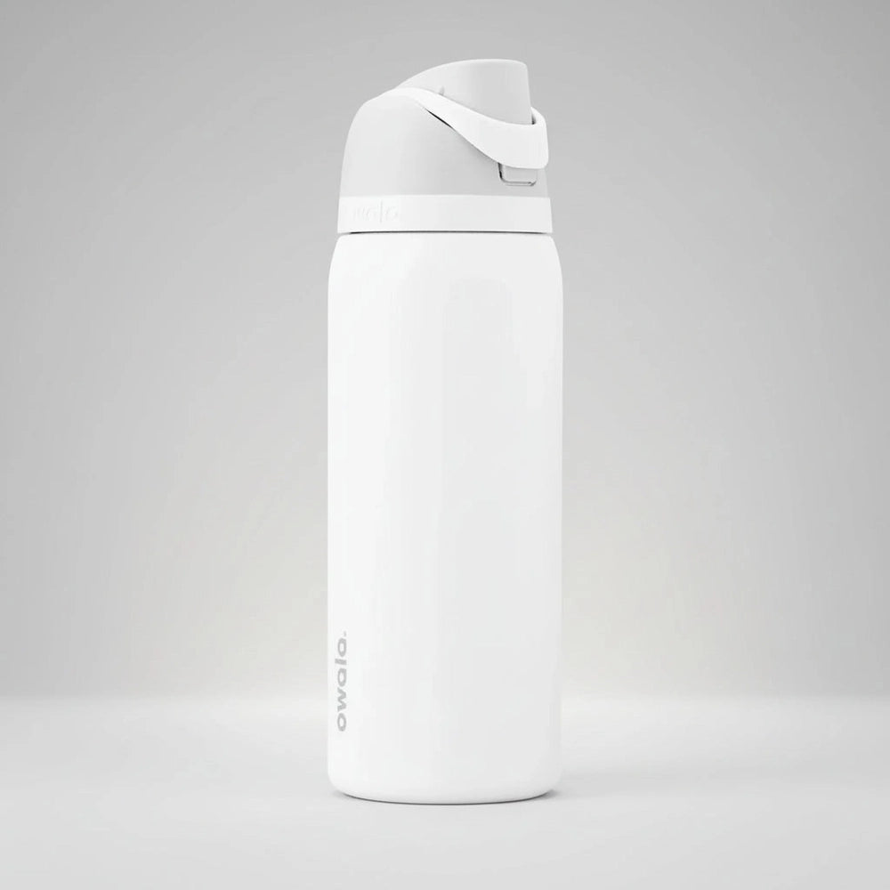 White thermos bottle with a white lid on a light gray background