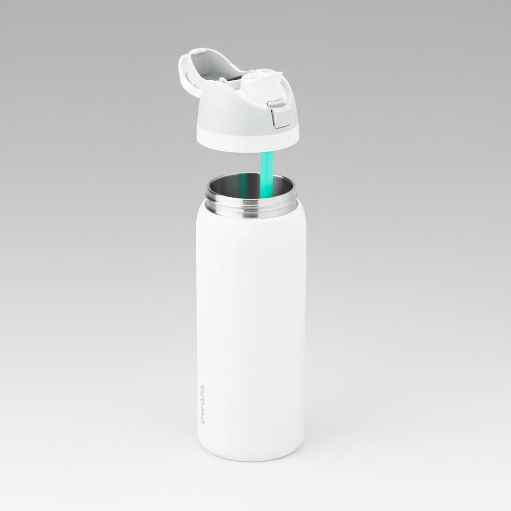 White insulated drink bottle with a straw on a white background