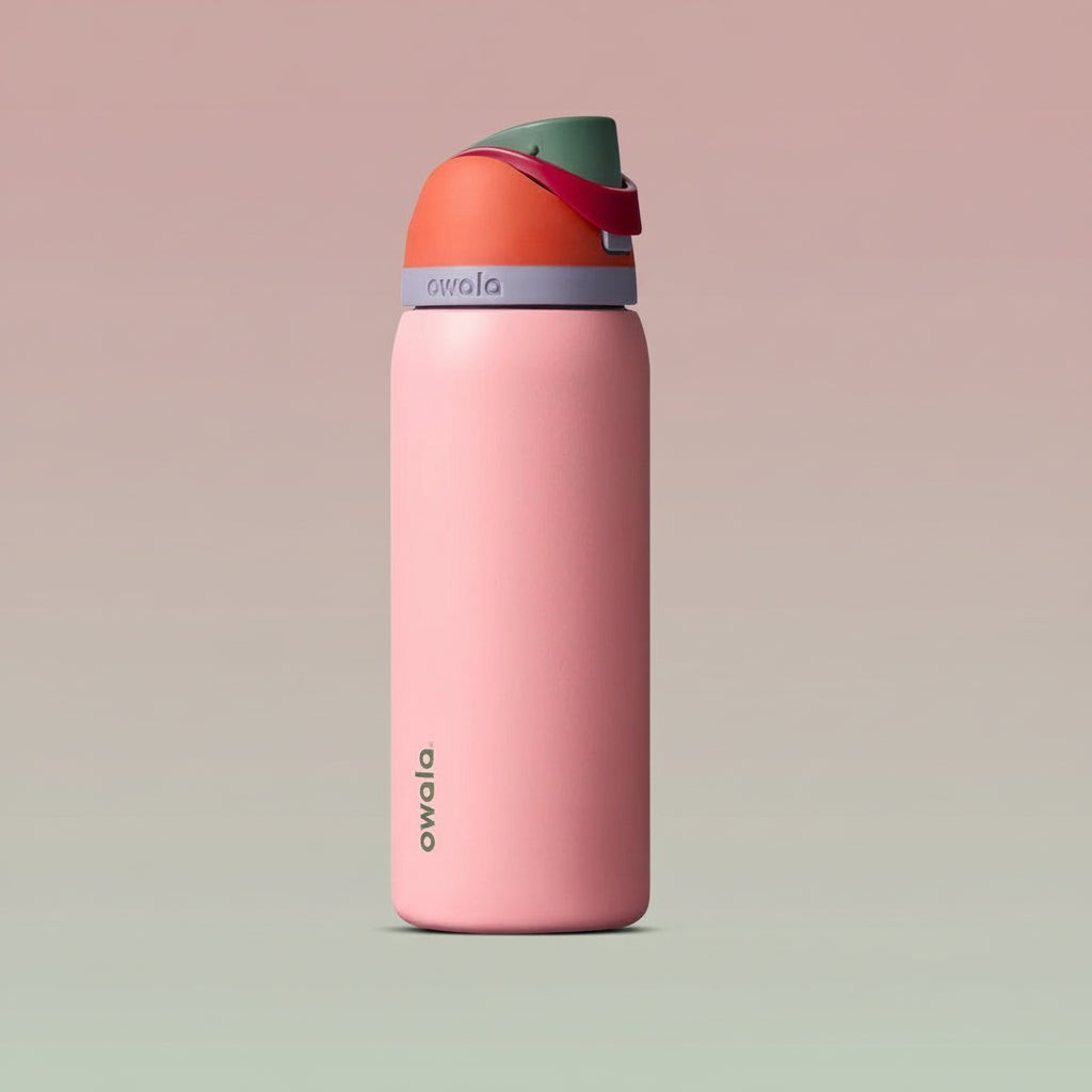 Pink water bottle with a colorful cap on a white background