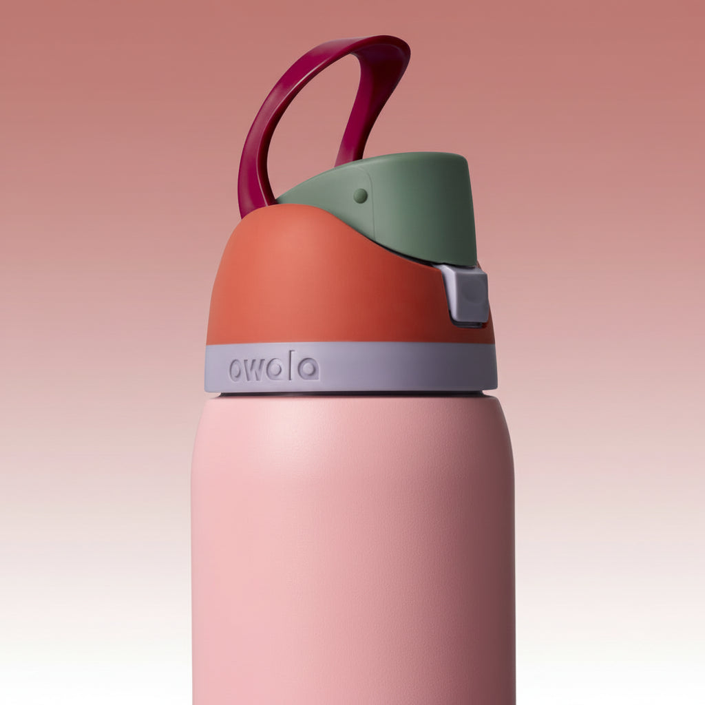 Multicolored water bottle with a pink base, orange middle section, and green cap on a white background.