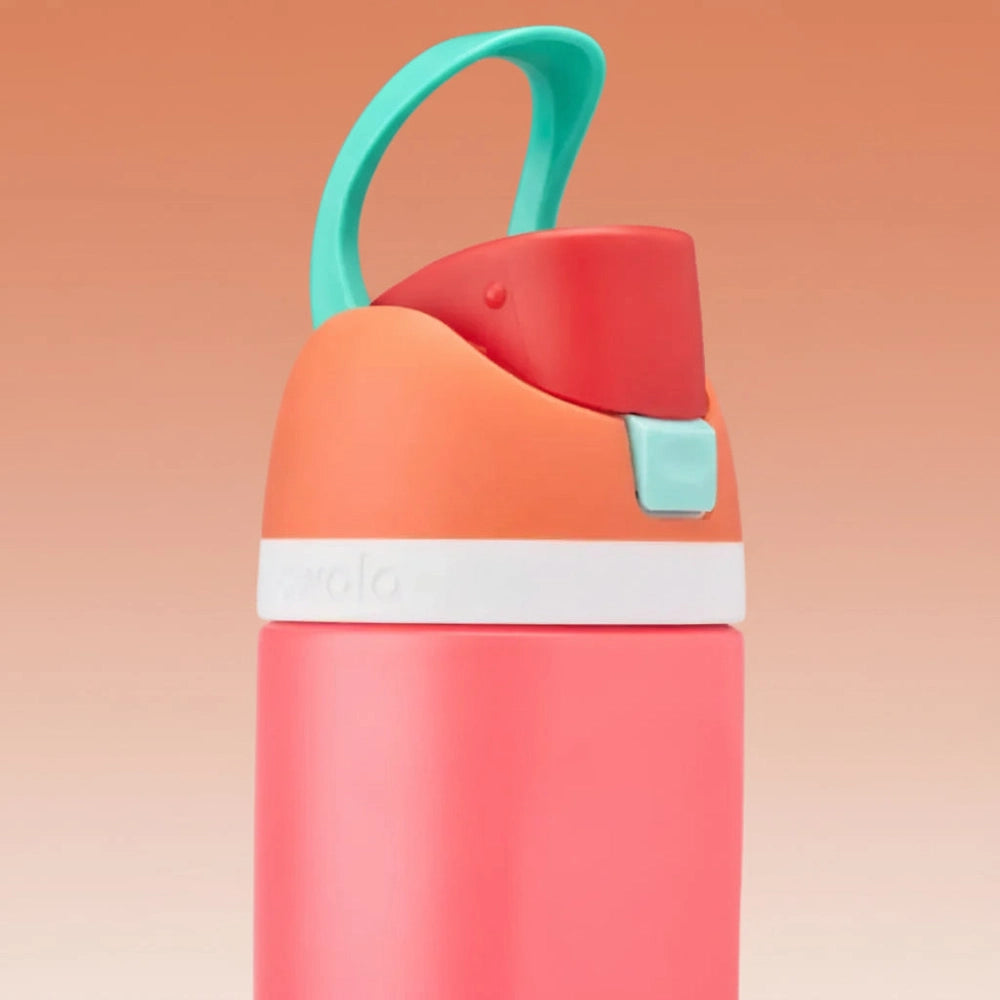 Colorful water bottle with a white base on a white background