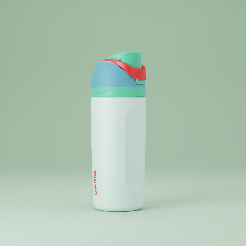 Colorful water bottle with a red cap on a white background