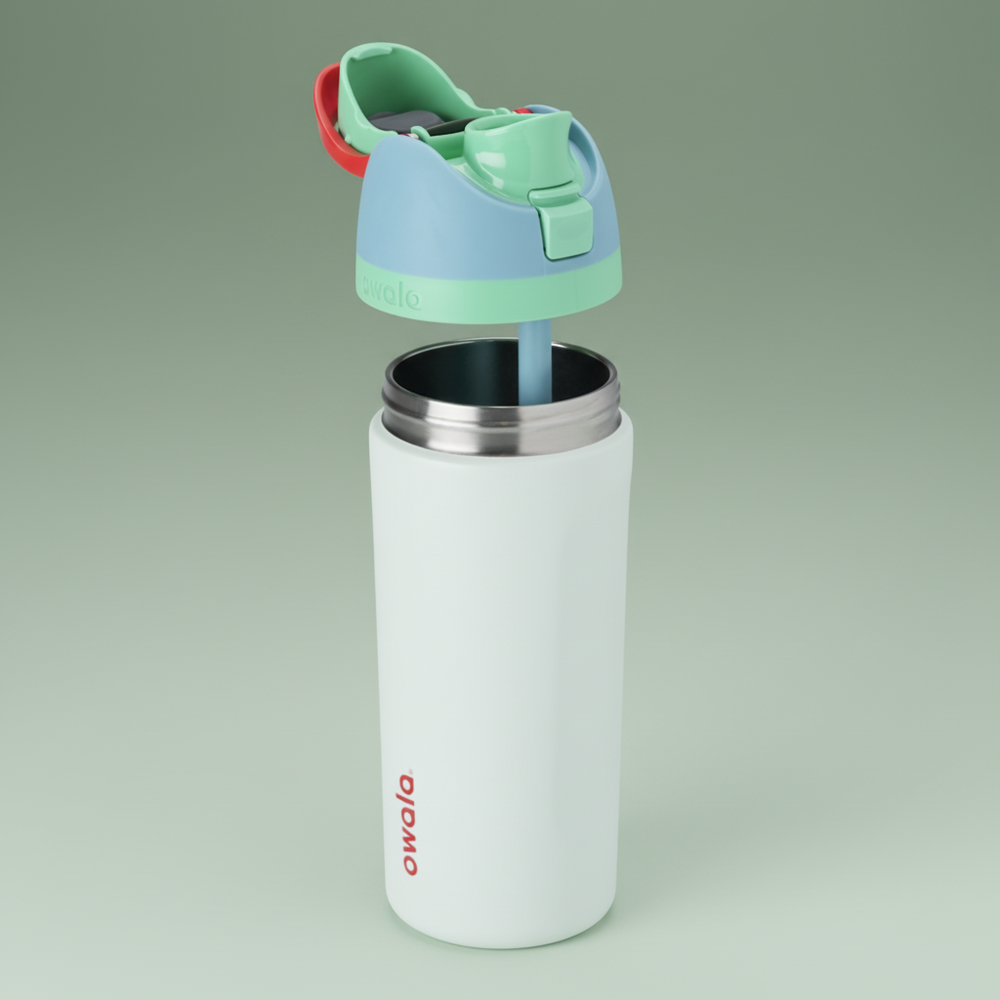 Light blue water bottle with a green and red lid on a white background
