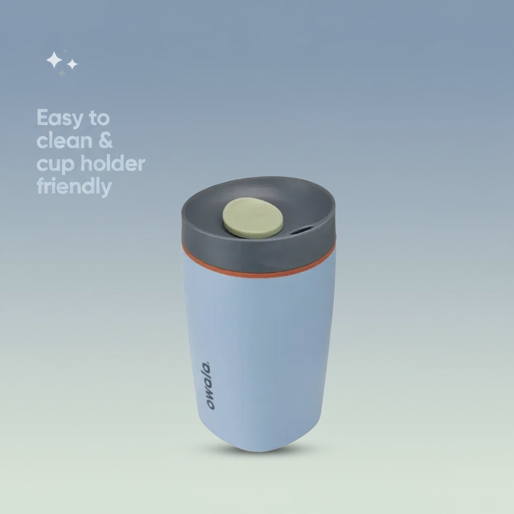 Owala SmoothSip Slider 12 oz Stainless Steel Tumbler in Lakeside — cleaning and cup-holder feature view