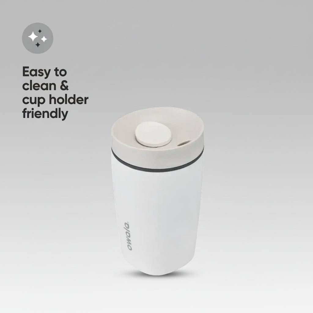 Owala SmoothSip Slider 12 oz Stainless Steel Tumbler in Shy Marshmallow — cleaning and cup-holder feature view