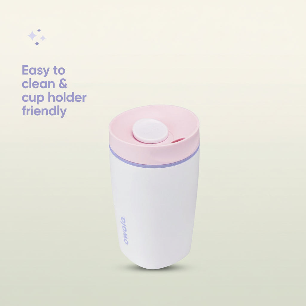 White and pink travel mug without a cup holder on a white background