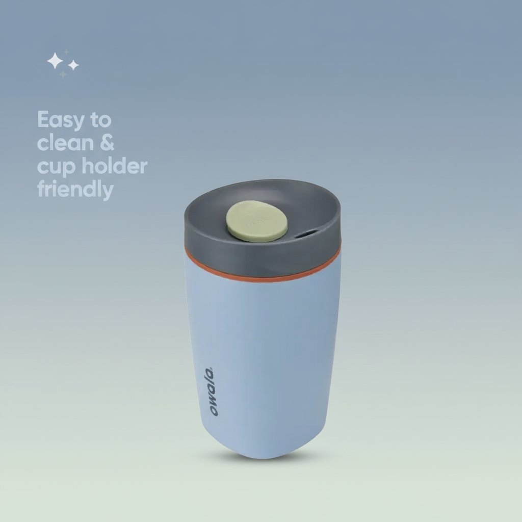 Light blue tumbler with gray lid on a white background, featuring the brand 'Ovo'.